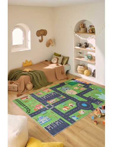 Tapis enfant lavable vert motif circuit dans la ville - DAKAR Véritable concentré